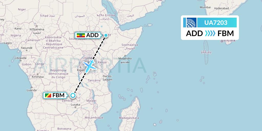 UA7203 United Airlines Flight Map: Addis Ababa to Lubumbashi