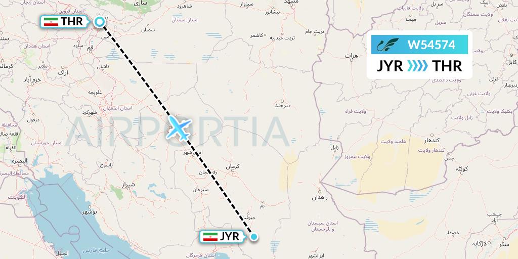 W54574 Mahan Air Flight Map: Jiroft to Tehran