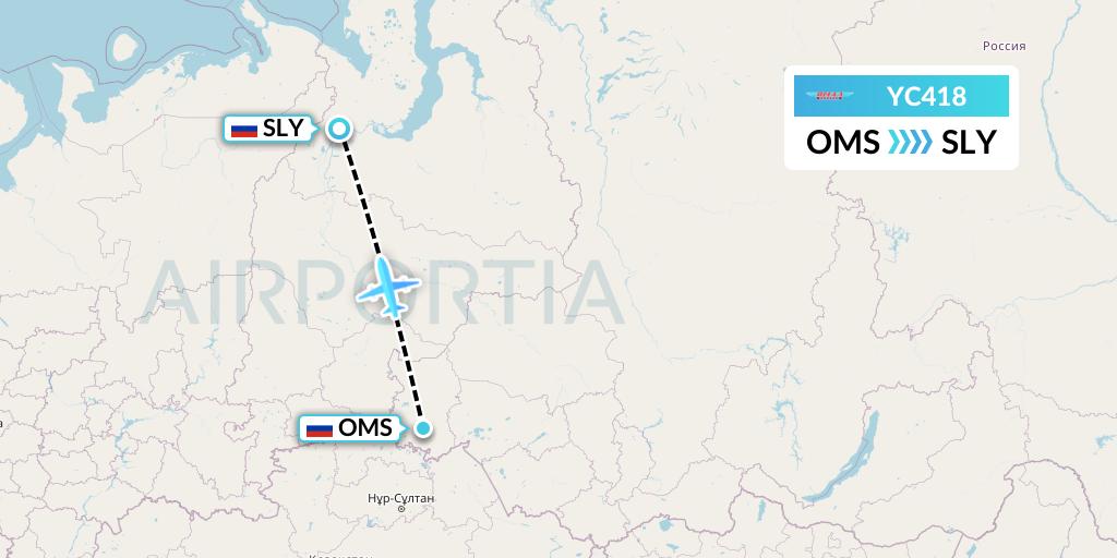 YC418 Yamal Airlines Flight Map: Omsk to Salekhard