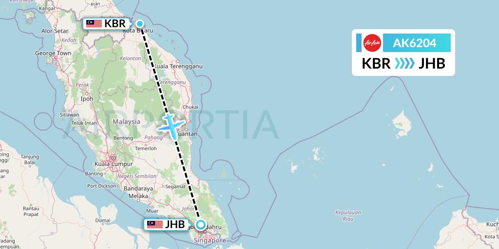 AK6204 AirAsia Flight Map: Kota Bharu to Johor Bahru