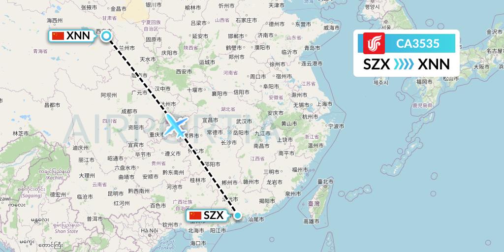 CA3535 Air China Flight Map: Shenzhen to Xining