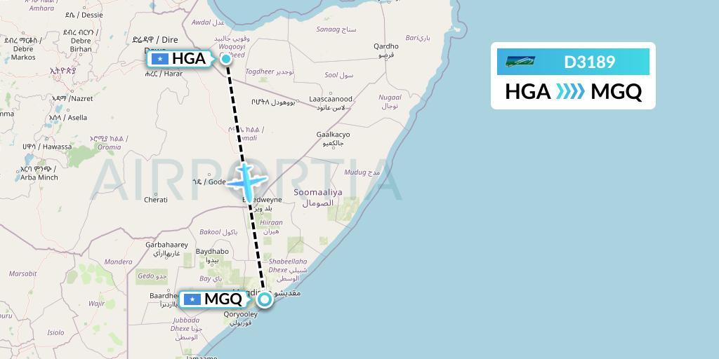 D3189 Daallo Airlines Flight Map: Hargeisa to Mogadishu