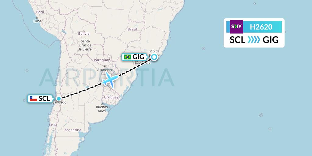 H2620 Sky Airline Flight Map: Santiago to Rio de Janeiro