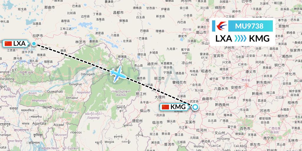 MU9738 China Eastern Airlines Flight Map: Lhasa to Kunming