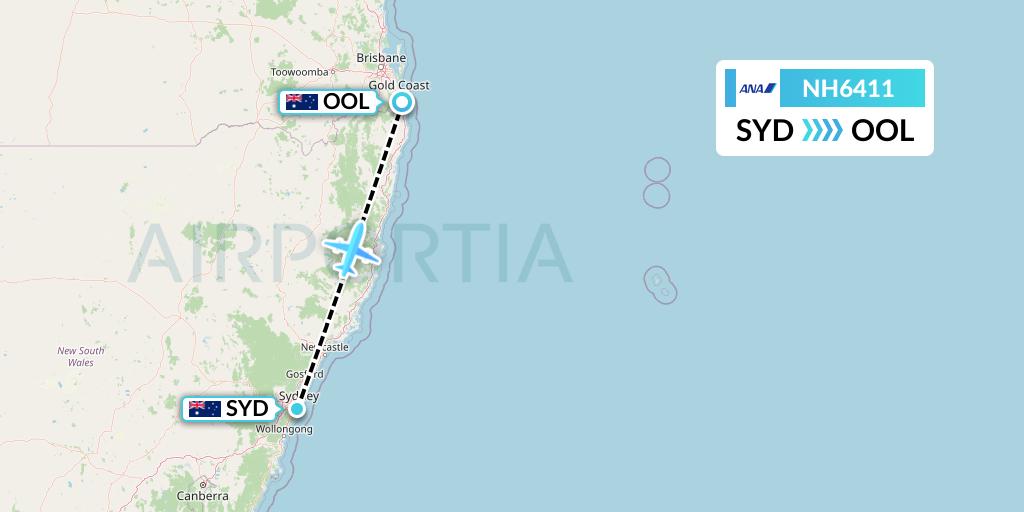 NH6411 All Nippon Airways Flight Map: Sydney to Gold Coast
