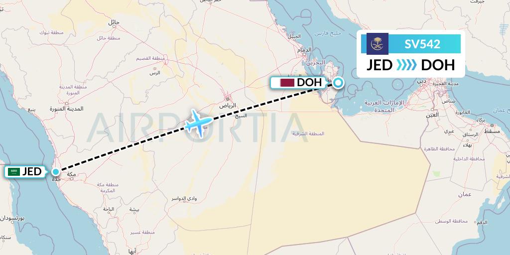SV542 Saudi Arabian Airlines Flight Map: Jeddah to Doha