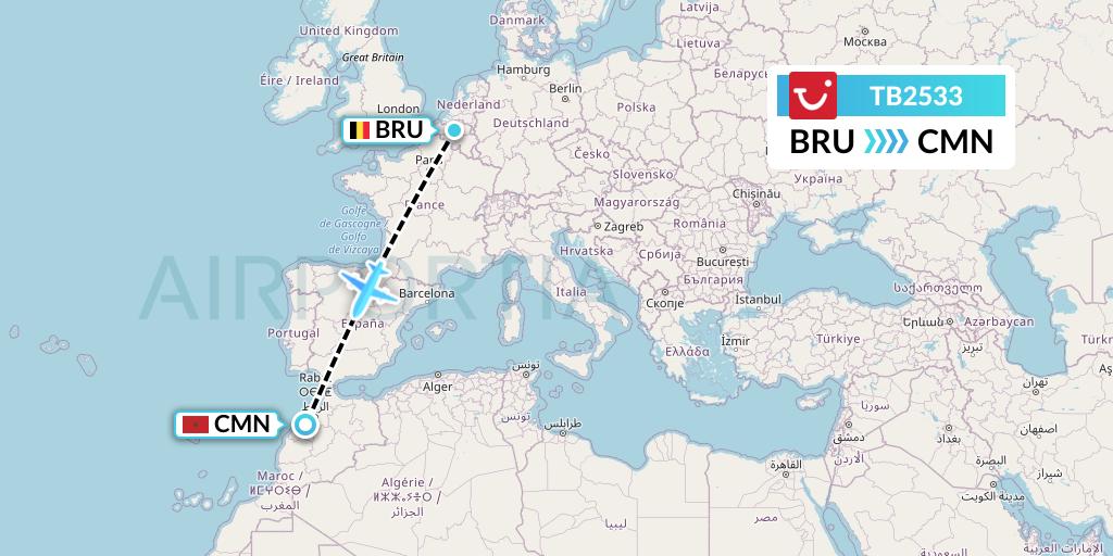 TB2533 TUI fly Belgium Flight Map: Brussels to Casablanca