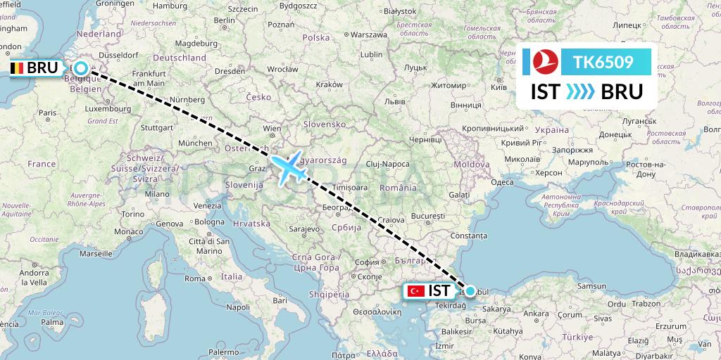 TK6509 Turkish Airlines Flight Map: Istanbul to Brussels