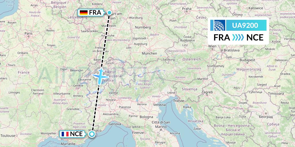 UA9200 United Airlines Flight Map: Frankfurt to Nice