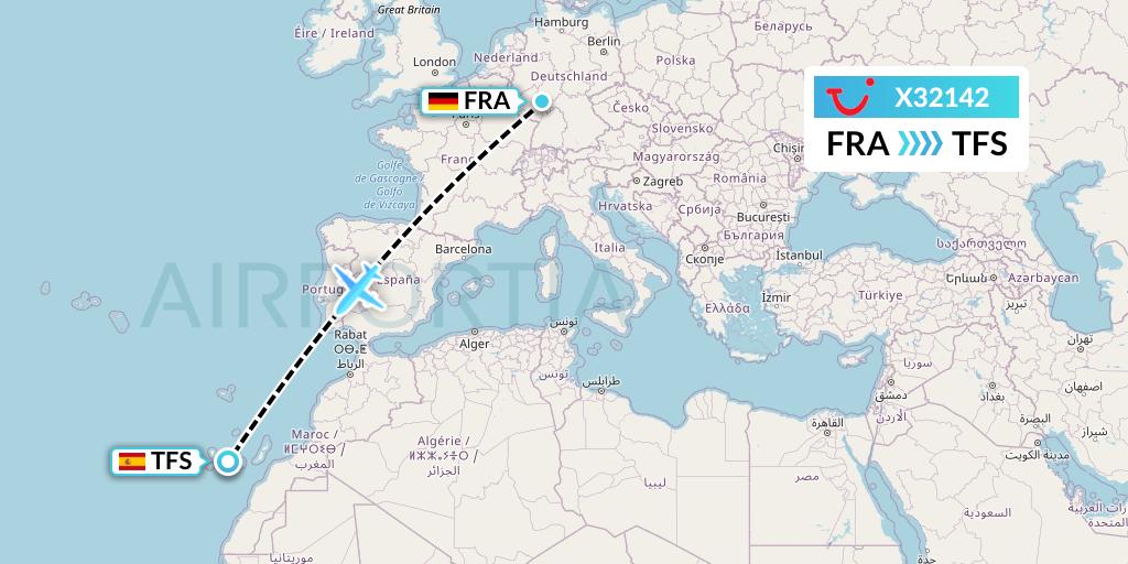 X32142 TUI fly Germany Flight Map: Frankfurt to Tenerife