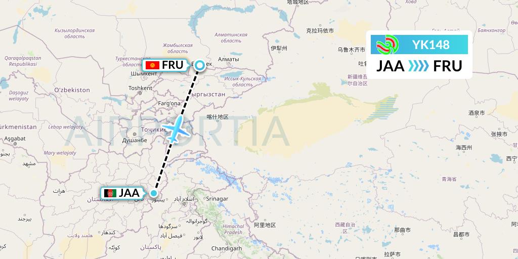 YK148 Avia Traffic Flight Map: Afghanistan to Bishkek
