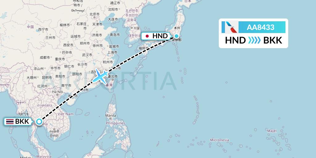 AA8433 American Airlines Flight Map: Tokyo to Bangkok