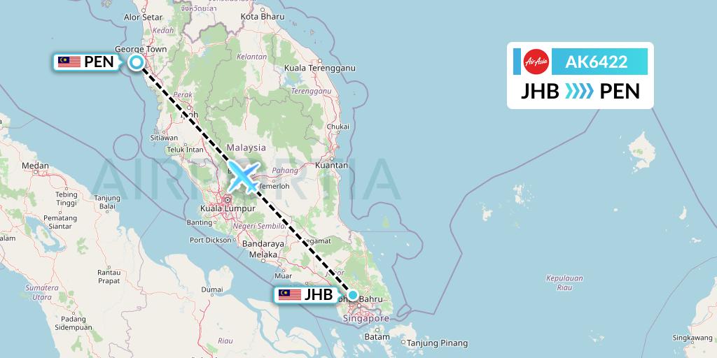 AK6422 AirAsia Flight Map: Johor Bahru to Penang