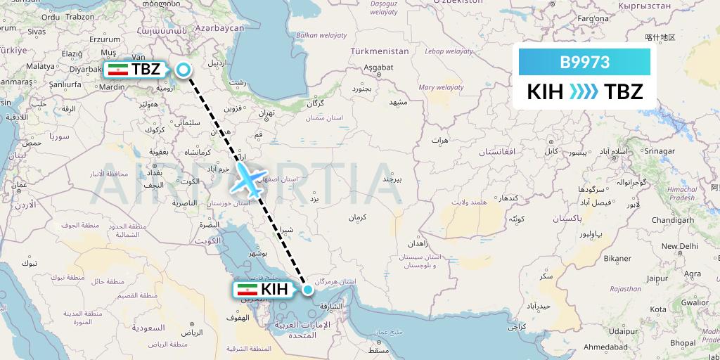 B9973 Iran Air Tours Flight Map: Kish Island to Tabriz