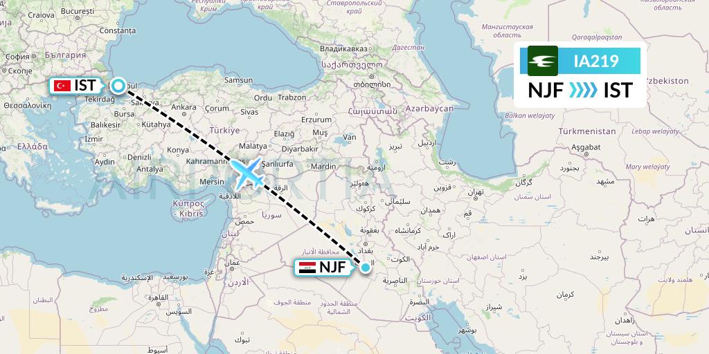 IA219 Iraqi Airways Flight Map: Najaf to Istanbul