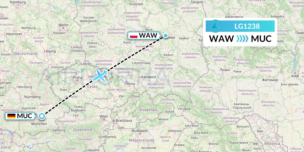 LG1238 Luxair Flight Map: Warsaw to Munich