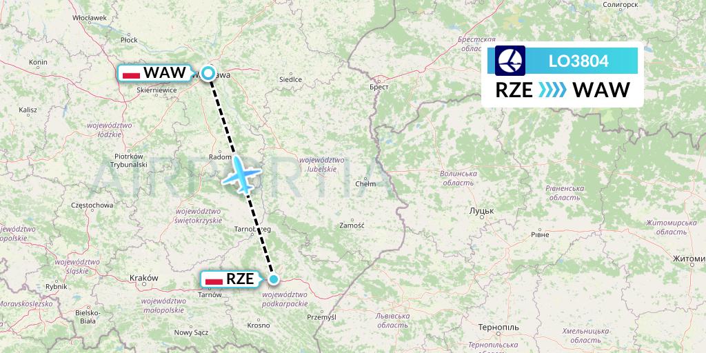 LO3804 LOT Flight Map: Rzeszow to Warsaw