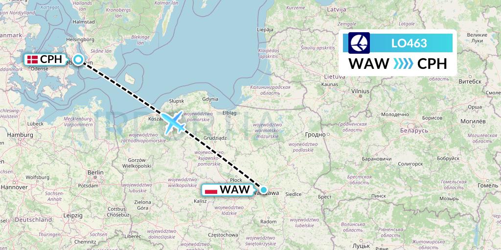 LO463 LOT Flight Map: Warsaw to Copenhagen