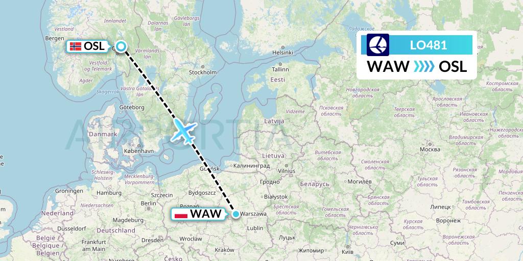 LO481 LOT Flight Map: Warsaw to Oslo