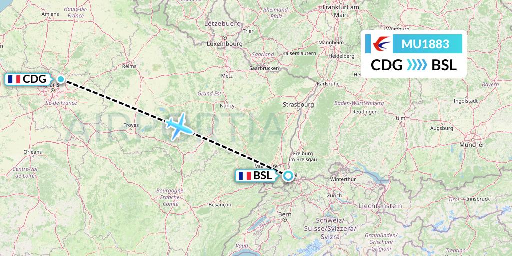 MU1883 China Eastern Airlines Flight Map: Paris to Basel