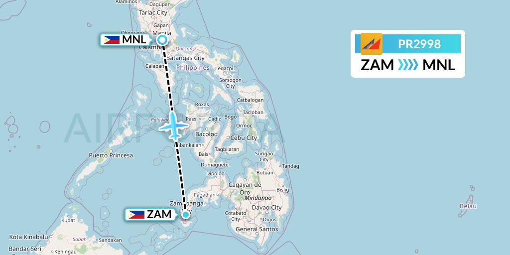 PR2998 Philippine Airlines Flight Map: Zamboanga to Manila