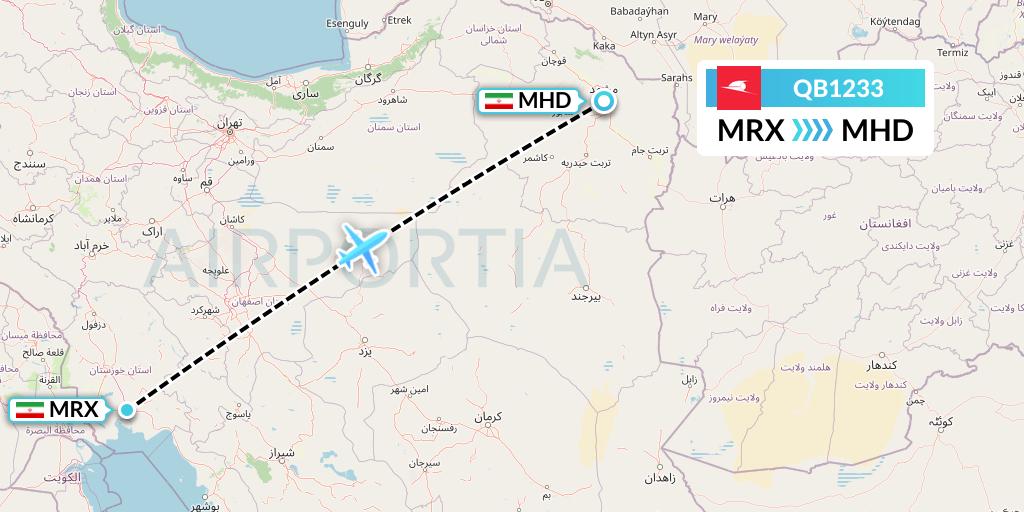 QB1233 Qeshm Airlines Flight Map: Mahshahr to Mashhad