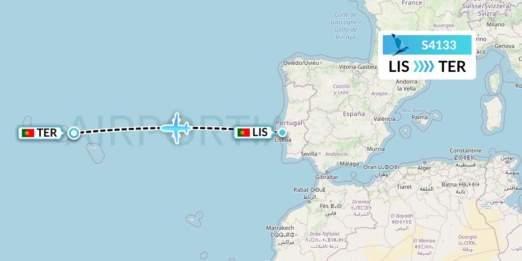 S4133 Azores Airlines Flight Map: Lisbon to Lajes