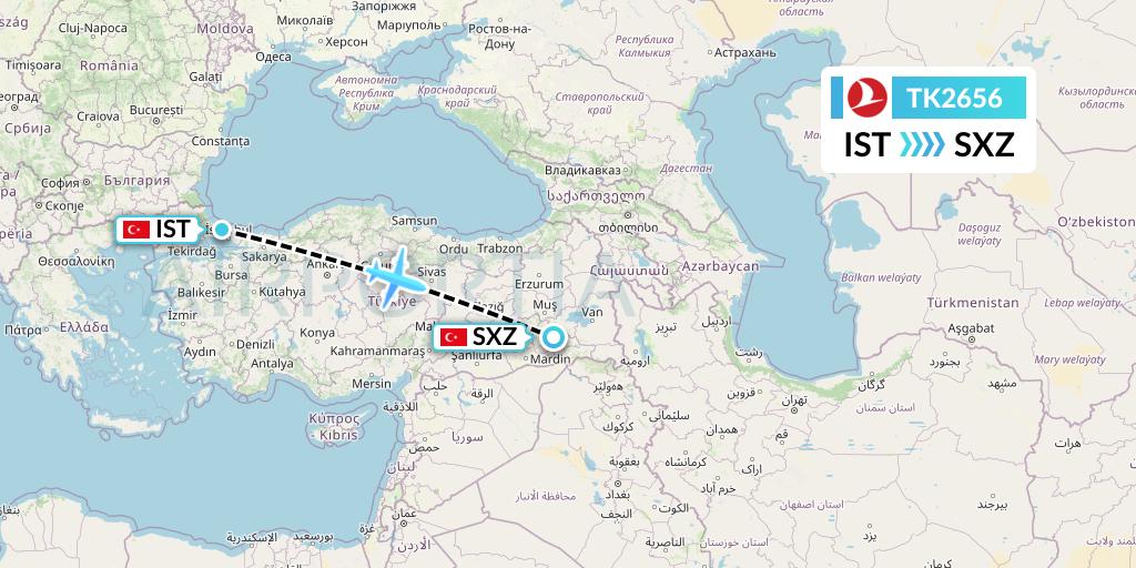 TK2656 Turkish Airlines Flight Map: Istanbul to Siirt