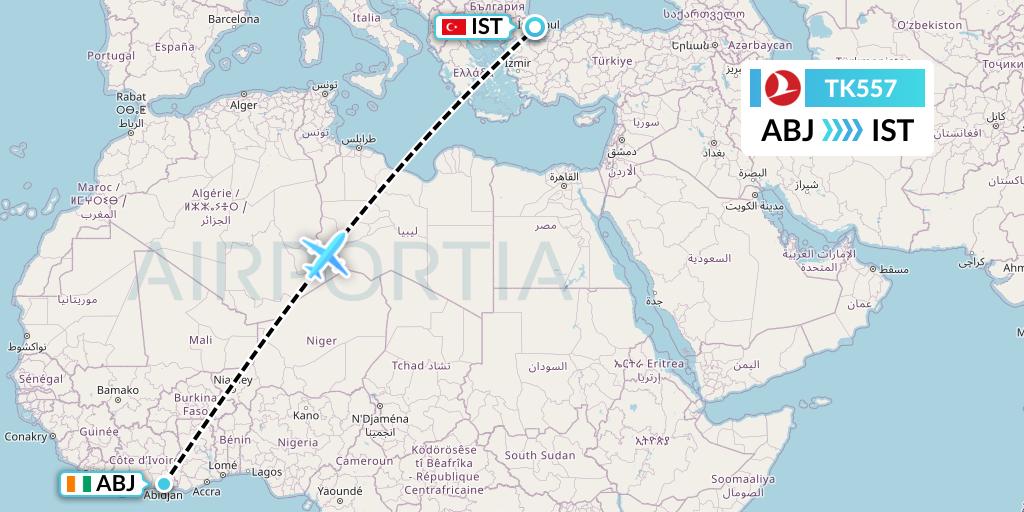 TK557 Turkish Airlines Flight Map: Abidjan to Istanbul