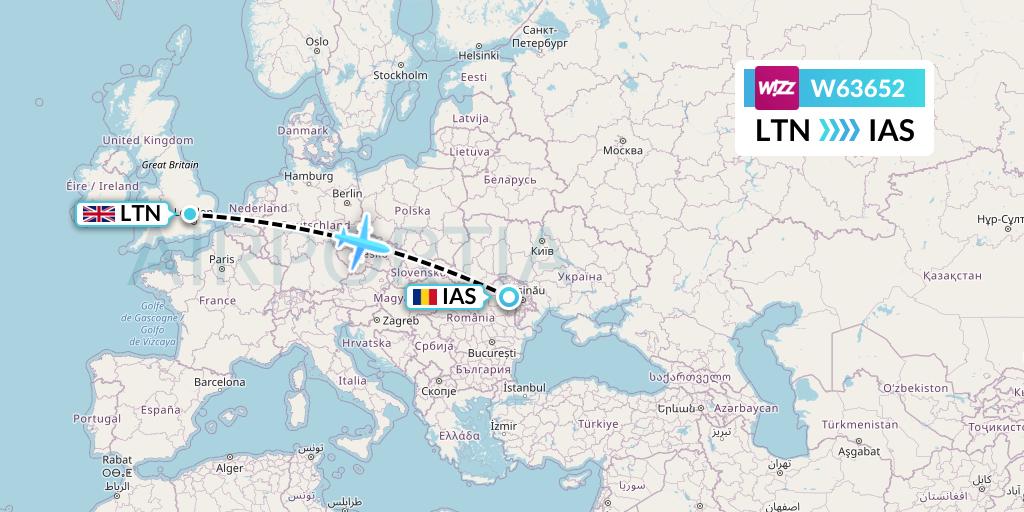 W63652 Wizz Air Flight Map: London to Iasi