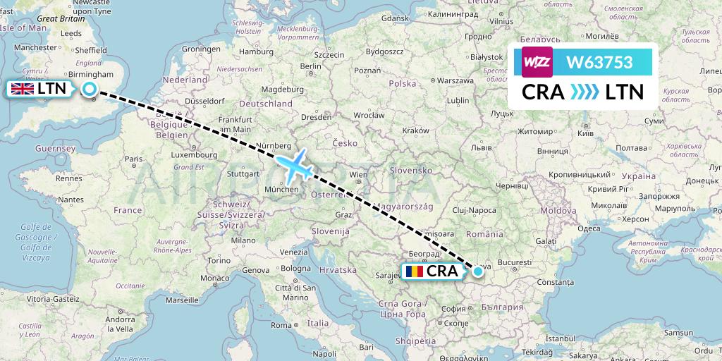W63753 Wizz Air Flight Map: Craiova to London