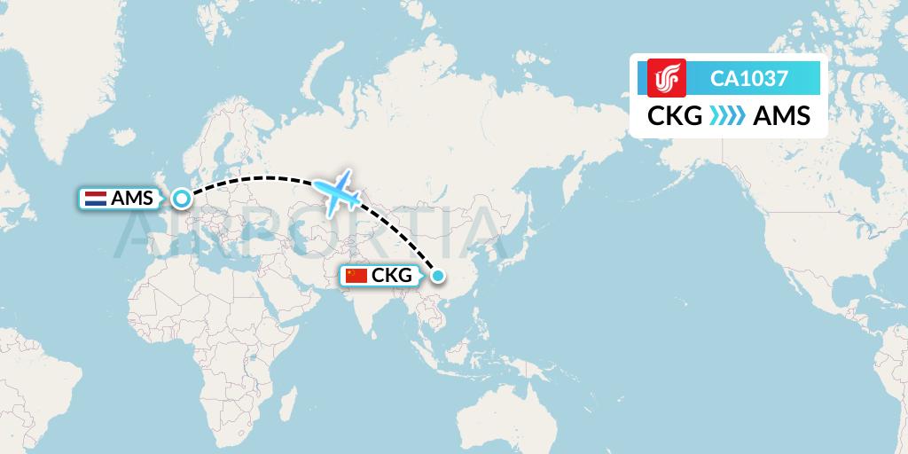 CA1037 Air China Flight Map: Chongqing to Amsterdam