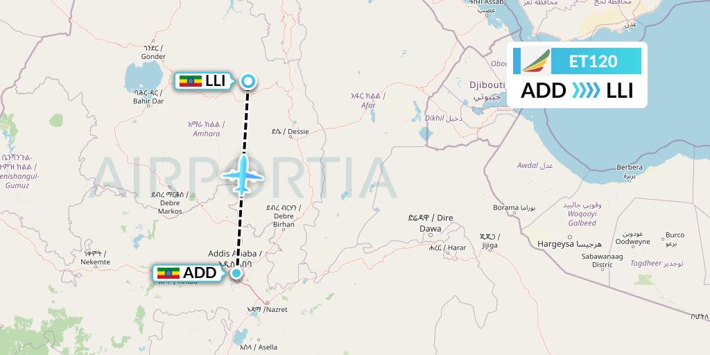 ET120 Ethiopian Airlines Flight Map: Addis Ababa to Lalibela