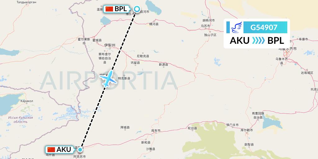 G54907 China Express Airlines Flight Map: Aksu to Bole