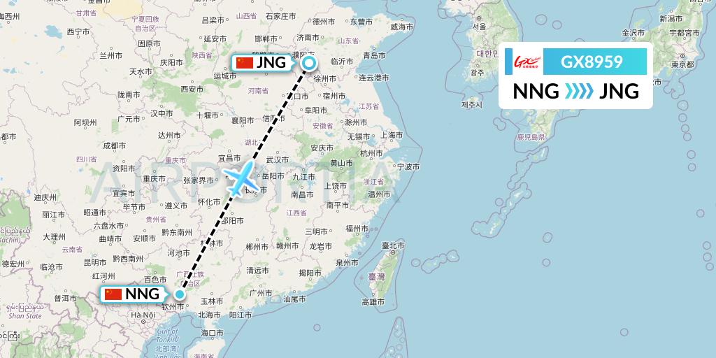 GX8959 GX Airlines Flight Map: Nanning to Jining