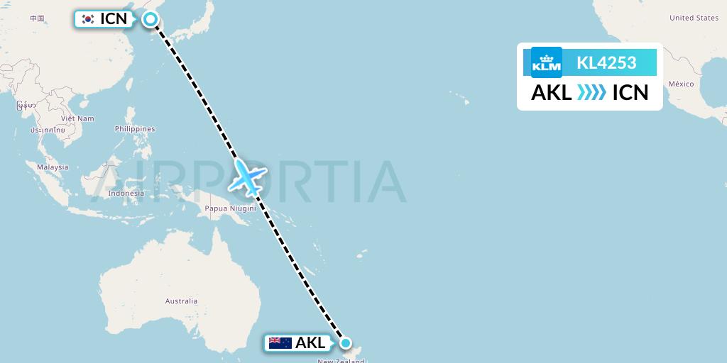KL4253 KLM Flight Map: Auckland to Seoul
