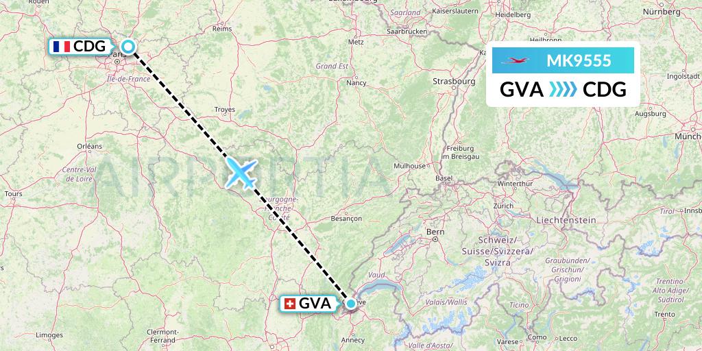 MK9555 Air Mauritius Flight Map: Geneva to Paris