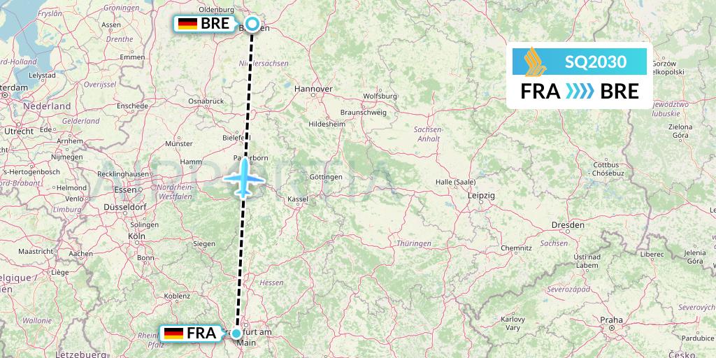 SQ2030 Singapore Airlines Flight Map: Frankfurt to Bremen