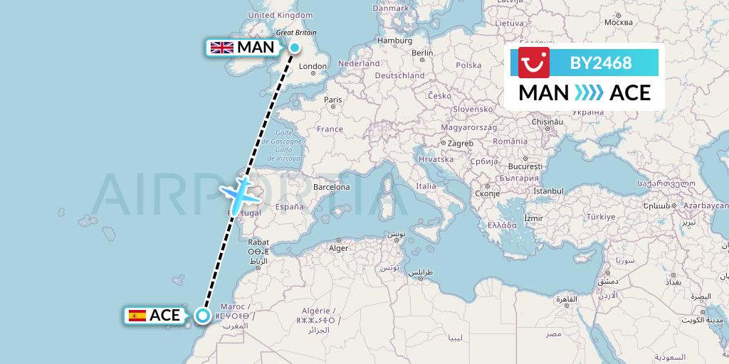 BY2468 TUI Airways Flight Map: Manchester to Lanzarote