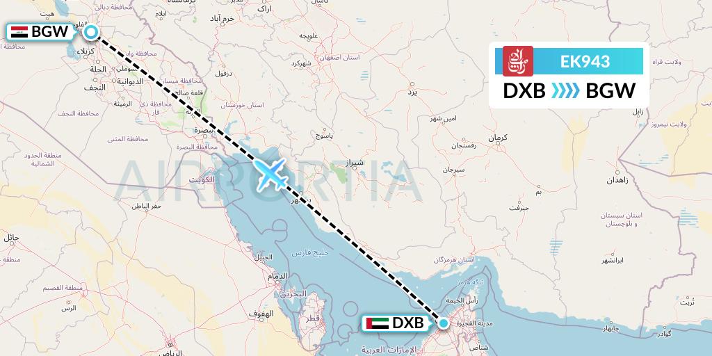 EK943 Emirates Flight Map: Dubai to Baghdad