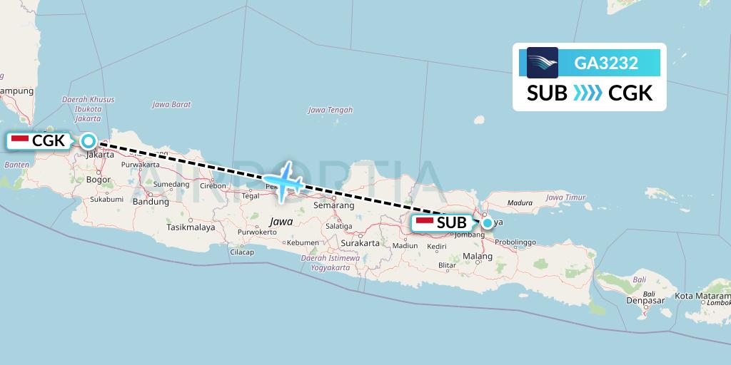 GA3232 Garuda Indonesia Flight Map: Surabaya to Jakarta