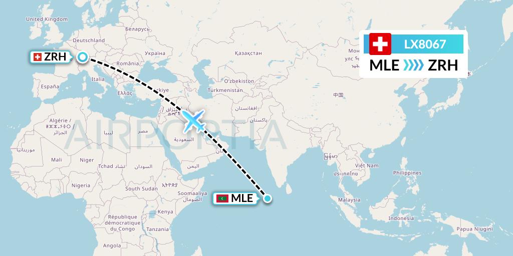 LX8067 Swiss Flight Map: Male to Zurich