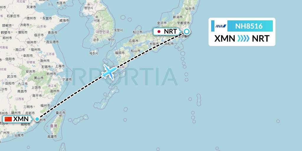 NH8516 All Nippon Airways Flight Map: Xiamen to Tokyo