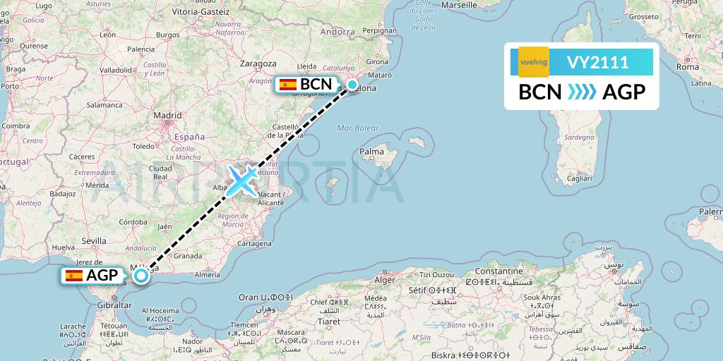 VY2111 Vueling Flight Map: Barcelona to Malaga