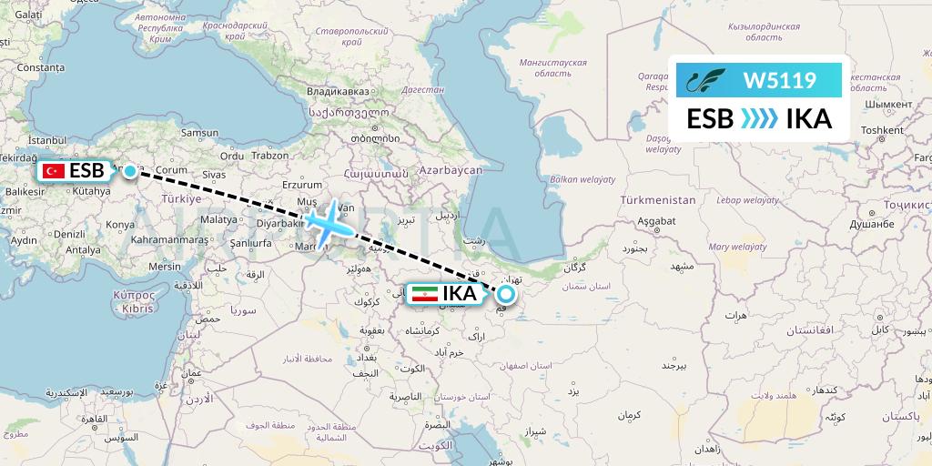 W5119 Mahan Air Flight Map: Ankara to Tehran