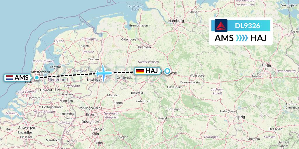 DL9326 Delta Air Lines Flight Map: Amsterdam to Hannover