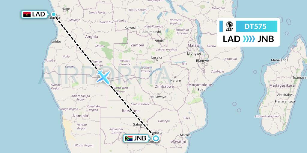 DT575 TAAG Angola Airlines Flight Map: Luanda to Johannesburg