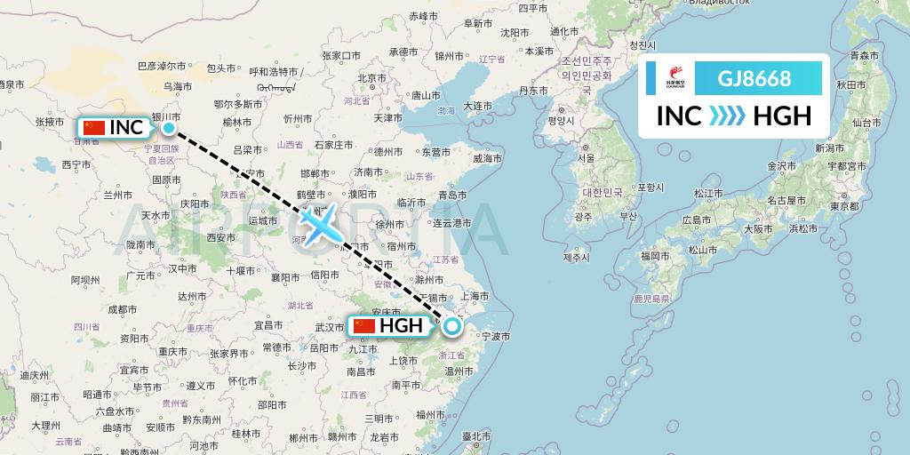 GJ8668 Loong Airlines Flight Map: Yinchuan to Hangzhou