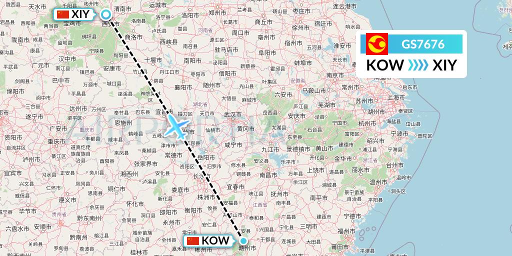GS7676 Tianjin Airlines Flight Map: Ganzhou to Xi'an