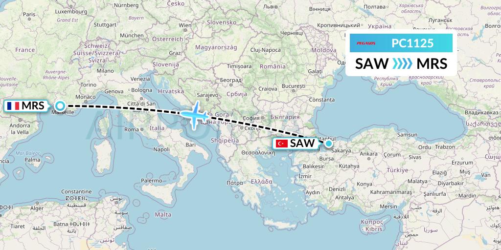 PC1125 Pegasus Airlines Flight Map: Istanbul to Marseille